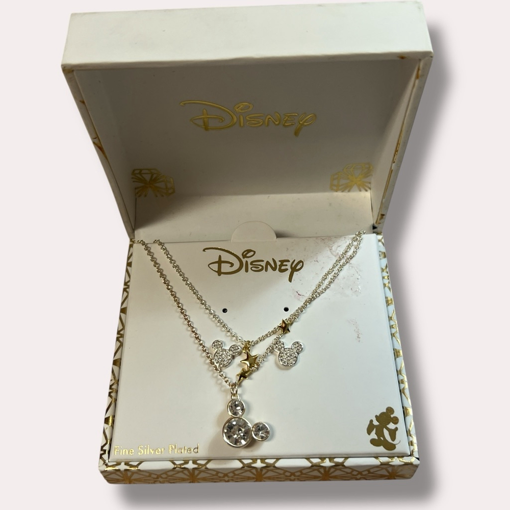 Disney Mickey Mouse Necklace & Earrings Set Fine Silver Plated Crystal Duo NWT - Picture 7 of 9